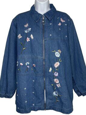 Vintage 80s Blue Denim Chore Coat Size S Embroidered Butterfly Floral Rhinestone